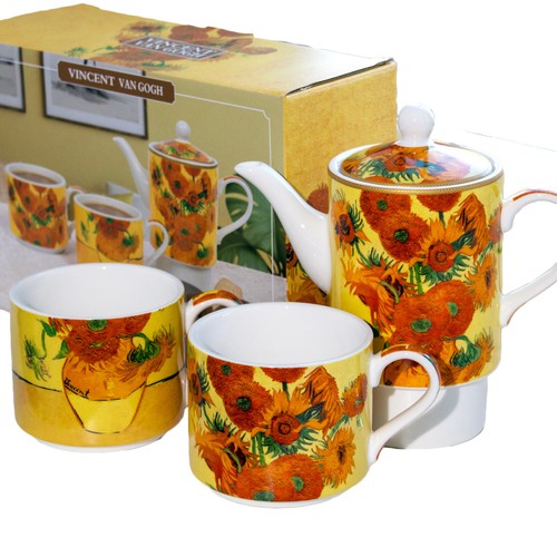 Van Gogh Tea For Two Set Sunflowers Fine China Stacking Floral Art Mugs & Teapot - Picture 4 of 4
