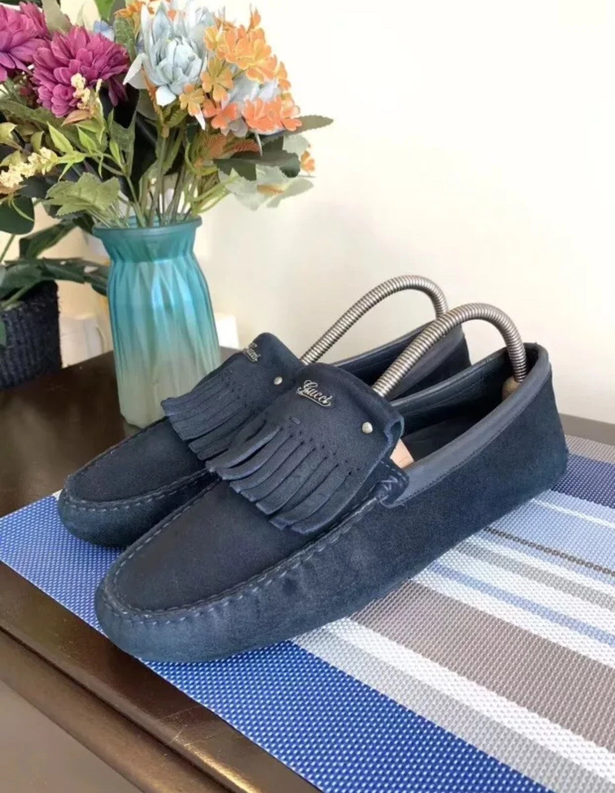 Mocassins homme Gucci bleu marine à franges en daim US 7