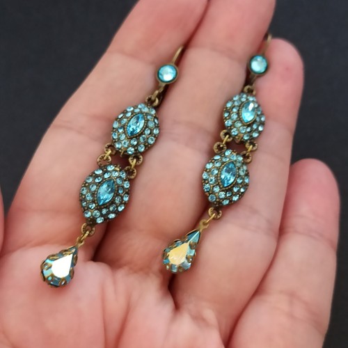 Michal Negrin Earrings Sparkly Light Blue Crystals Long Cocktail Runway Party - Picture 3 of 14