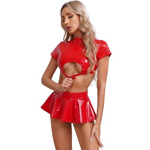UK Women PVC Leather Outfits 2 Piece Cut Out Crop Top with Flared Mini Skirts - Picture 10 of 36