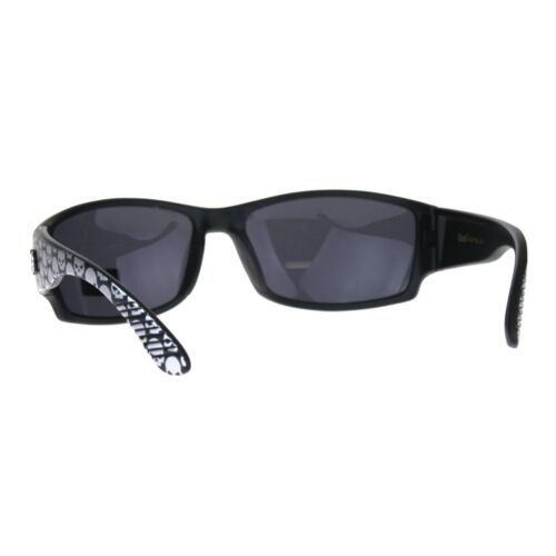 Locs Sunglasses Mens Oval Rectangular Wrap Matte Black Silver Skull Print - Picture 3 of 4