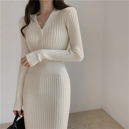 Woman Knitted Autumn Winter Clothes V-neck Women Sweater Dress Streetwear Dress