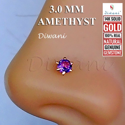 3.0mm Natural AMETHYST Gemstone Wedding Nose Piercing Ring Pin Stud 14k Gold - Picture 7 of 12