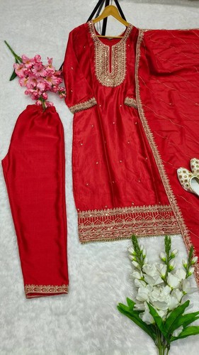 FUNCTION WEAR RED CHINNON SILK SALWAR KAMEEZ WITH DUPATTA FOR WOMEN & GIRLS - Bild 5 von 12