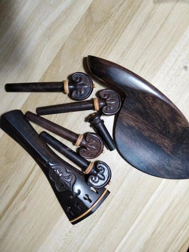 1 Set Ebony Carved Violin Parts 4/4 with Tail Piece Chin Rest Pegs End Pin - Picture 5 of 6