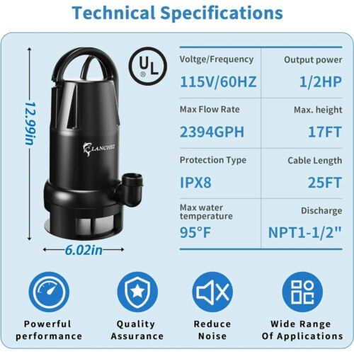 Lanchez 1/2HP Pompa Utilitaria Automatica 2394GPH Pompa Acqua Sommersa 115V - Foto 7 di 22