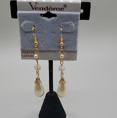 Vintage Faux Baroque Pearl Dangle Earrings Gold Tone Clear Bead Long Drop 
