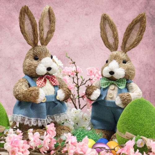 2x Stroh Osterhase handgemacht - Dekohase zur Osterdekoration - weiß/rot/grün - Bild 2 von 7