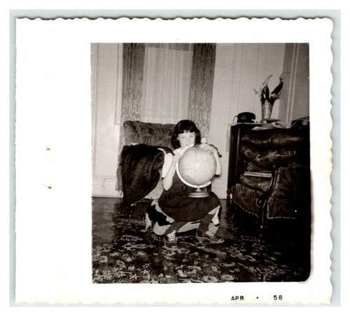 Vintage Photo Girl Posing With Globe 1950's Found Art R24