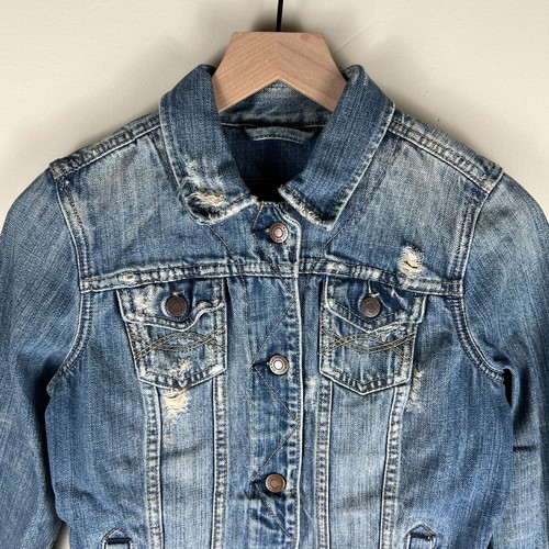 Abercrombie & Fitch Distressed Denim Jean Jacket Girls Size Medium 17.5x20.5 - Picture 3 of 16