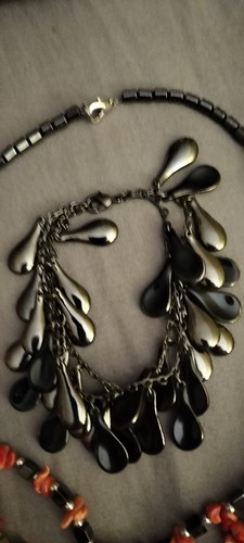 Vintage Costume Jewellery Hamatite And Coral 3 Swag Necklace & Hamatite Bracelet - Picture 9 of 13