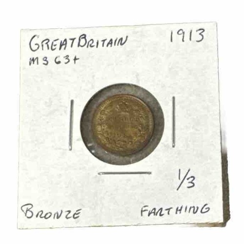 1913 Great Britain 1/3 Farthing KM 823  MS Toned * Mintage only 288,000 * - Picture 1 of 2