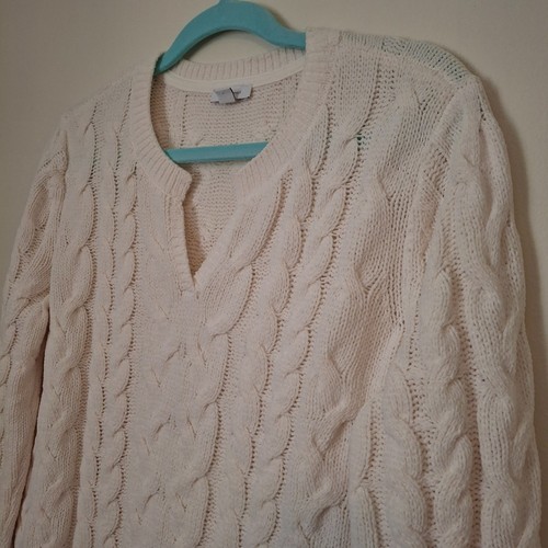 J Jill Chenille Size Medium Cable Knit Split V-Neck Tunic Sweater Cream Ivory - Picture 6 of 10