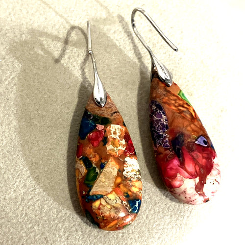 Natural Imperial Jasper Stone Earrings Pierced Teardrop Dangle Gemstone Drop - Picture 3 of 4
