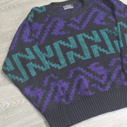 Vtg 80s Di Vincent Crewneck USA Knit Sweater Teal Black Purple Abstract Size M/S - Picture 9 of 16