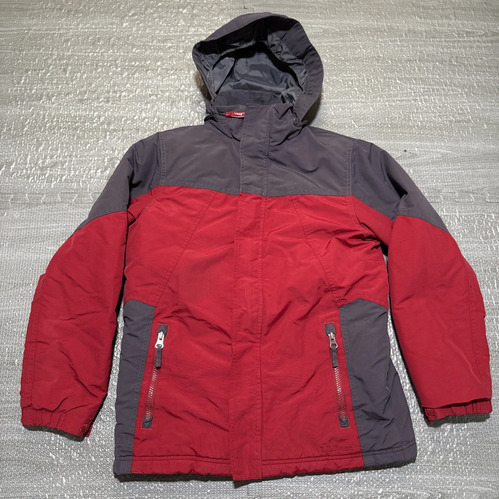 L.L. Bean Jacket Full-Zip Thinsulate Hood Boys Medium 10-12 Red Gray 271259 Snow