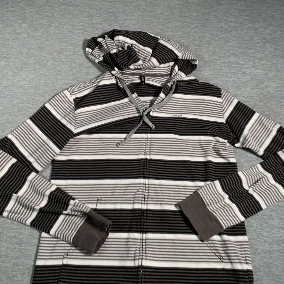 RVCA Hoodie Mens Small Black White Striped Full Zip Cotton Polyester Hooded - Imagem 2 de 4