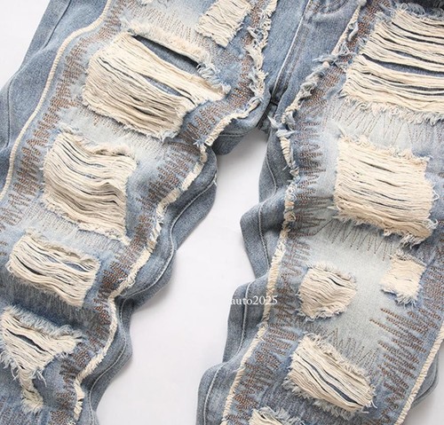 Men's Light Blue Denim Jeans Ripped Straight Leg Casual Pants Trousers Punk Hot - Picture 4 of 25