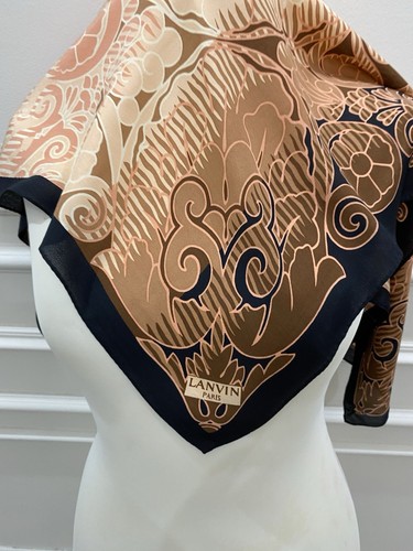 S51#Lanvin Paris Bufanda de Seda - Estampado Barroco Abstracto - Melocotón y Marrón - Imagen 3 de 6