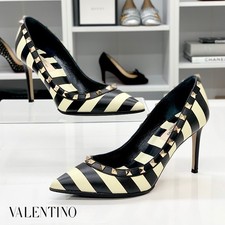 Valentino Rockstud Pumps Striped Leather Black White Women's Size EU36.5/US6.5