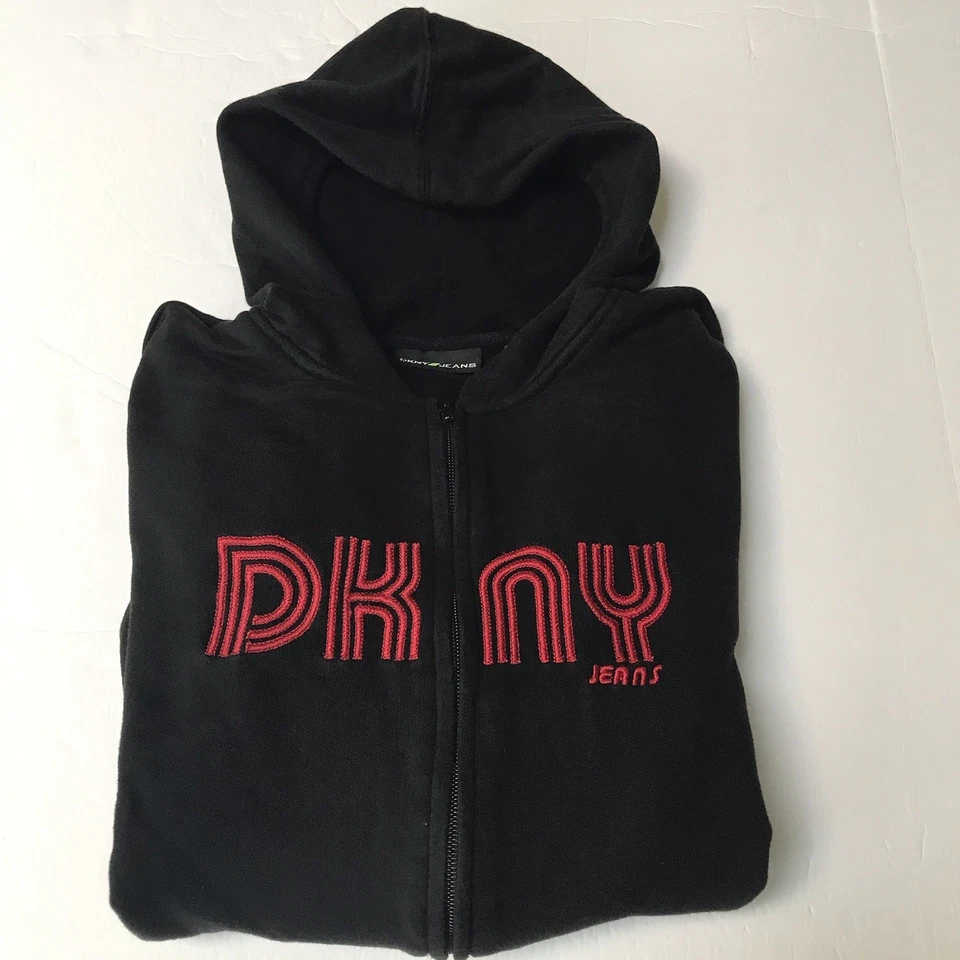 Y2K DKNY Jeans Sudadera con Capucha Para Hombres Grande Cremallera Completa Negro Rojo Sudadera Grunge Ropa de Calle Foto 2 de 4