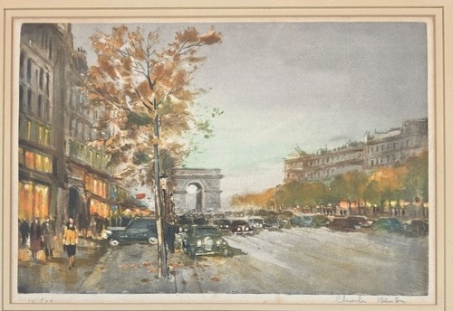 Charles Blondin 1913-1991 Champ Elysees Paris Straßenszene signiert #`d Druck - Bild 3 von 7