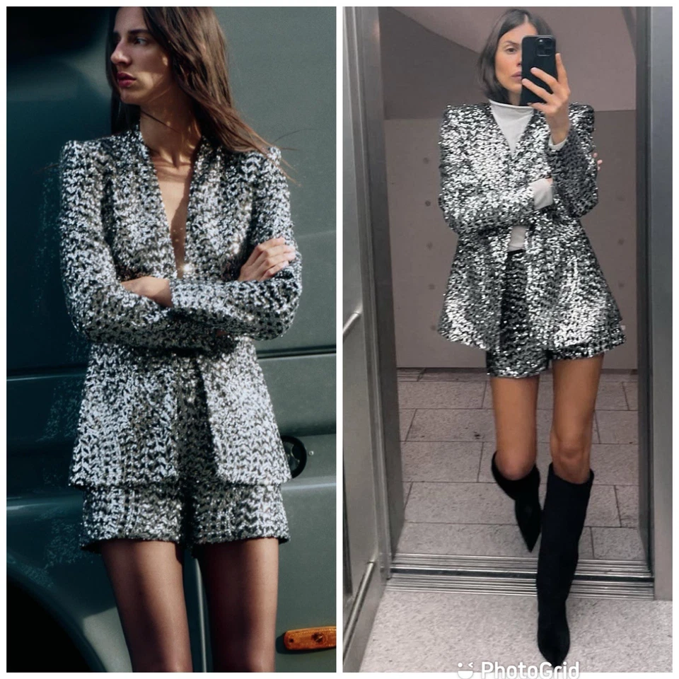 Zara блестки воротника блейзер + блестки высокая талия Бермуды шорты комплект XS новый с Ярлыками!