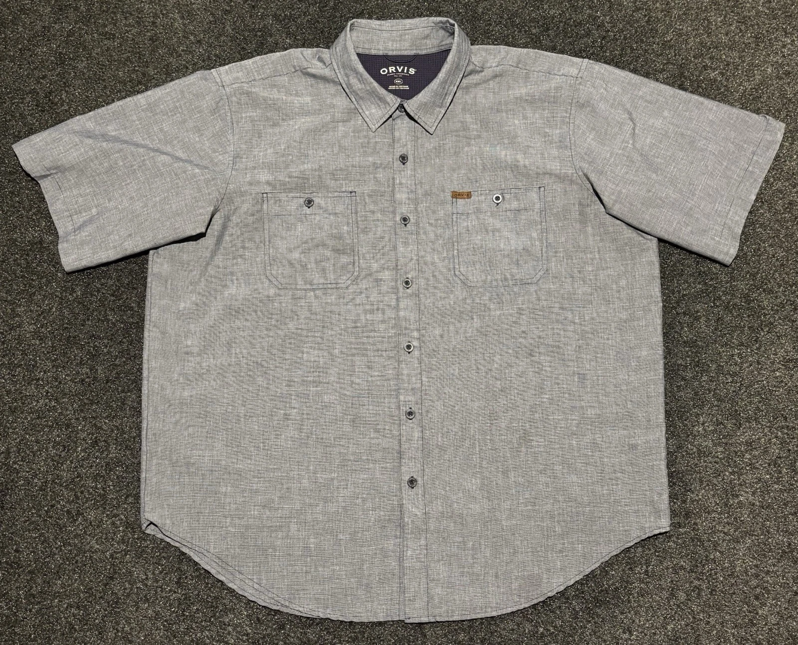 Lot Of 2 Orvis Tech Shirts Men 2XL Navy/light Blue Short Sleeve Button Outdoor**