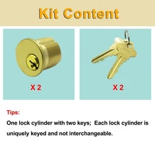 2 Pack Brass Mortise Door Cylinder Lock, 1 1/8" Inch Length Keyed Standard SC...
