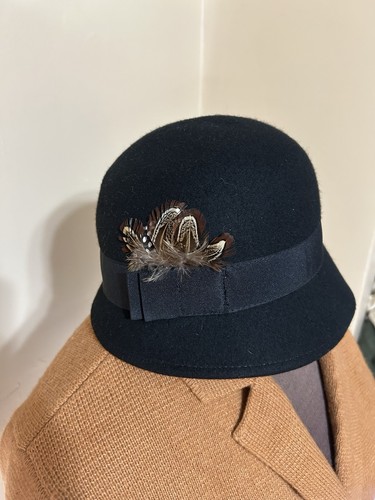Black Wool Bowler Cloche Bell Flapper Style Hat with Brown Feathers