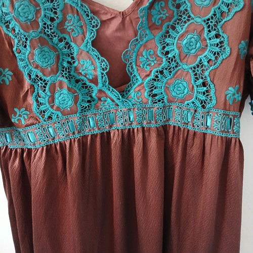 VTG Betsey Johnson Size 8 Women's 100% Silk Dress Brown Blue Crochet Midi Lined - Picture 14 of 19