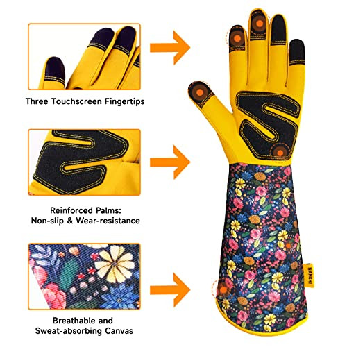 Gartenhandschuhe für Damen, Langarm Leder Garten groß (1er Pack) gelb - Bild 2 von 7