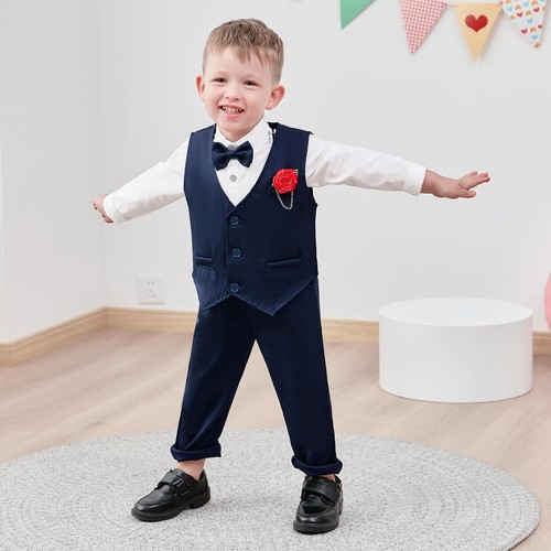 Toddler Boy Clothes Suit,Formal Dress Shirt+Bowtie+Vest+Boutonniere+Pants Boy... - Picture 2 of 8
