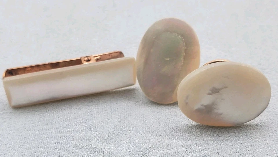 Vintage Tie Clip & Cuff Links Set Brass Mother of Pearlescent Cottagecore  - Image 3 of 4