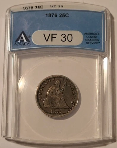 1876 Seated Liberty Quarter VF30 ANACS Toned