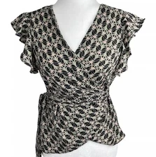 NWT Max Studio Short Sleeve Ruffle Work Blouse V Neck Top XS $78