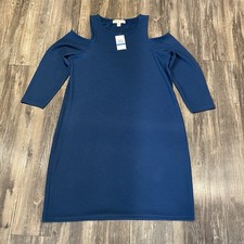 Michael Kors Womens XL Blue Cold Shoulder Shift Dress 3/4 Sleeve NWT Knee Length
