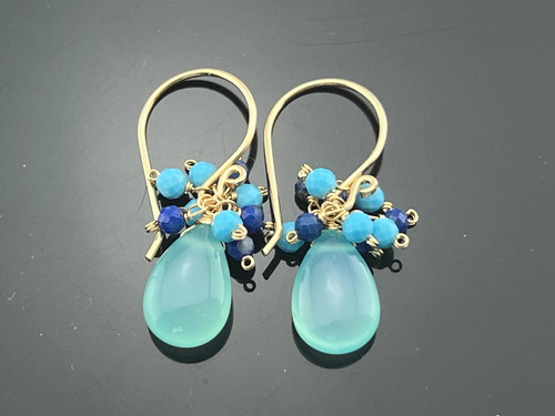 Aqua Chalcedony Drop, Turquoise & Lapis Lazuli Cluster Earrings • 14K Gold - Picture 2 of 5