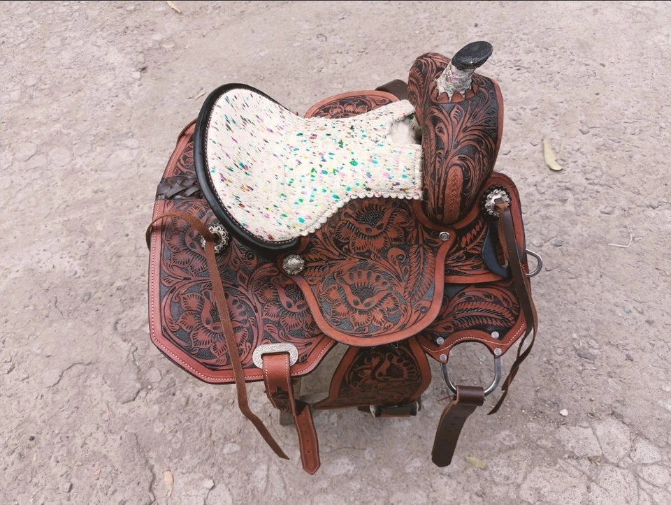 Sillín de cuero occidental para niños, sillín de cuero occidental juvenil de 8 a 12 pulgadas Foto 2 de 4