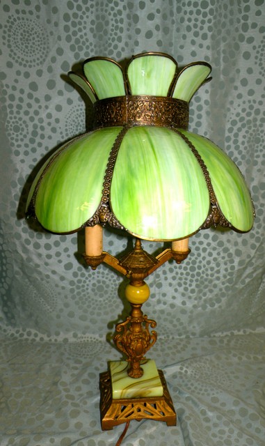 Antique Slag Lamps Collection On Antique Ornate Cast Iron Victorian Table Lamp Beautiful Green Slag Glass Shade