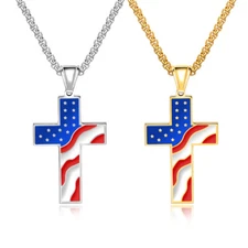 American Flag Patriotic Cross Necklace Stainless Steel Pendant Religious Jewelry