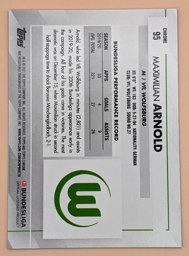 2020-21 Topps Chrome Bundesliga Sapphire Maximilian Arnold #95 VfL Wolfsburg - Picture 2 of 2