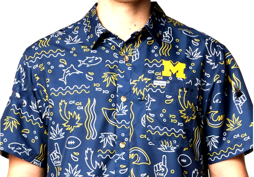 NEW COLUMBIA, MEN'S MEDIUM, MICHIGAN WOLVERINES🏈HAWAIIAN🌴SHIRT, MSRP $65.00! - Picture 10 of 24