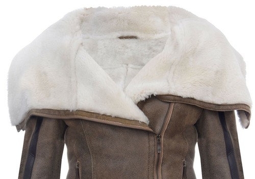 Women's Short Brown Merino Sheepskin Aviator Leather Jacket - Picture 5 of 5