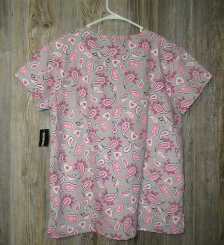 Cassandra O Gray Pink Pasiley Print Short Sleeve Size Medium Scrub Top NWT - Picture 7 of 13