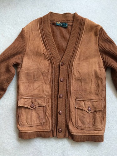 VINTAGE 'HORNES LONDON' GENTS WOOL + SUEDE LEATHER FRONT RIB KNIT CARDIGAN S - Picture 5 of 8