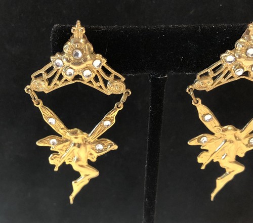 Boucles d'oreilles percées magiques fées ton doré goutte d'angle cristaux Swarovski - Photo 4/8