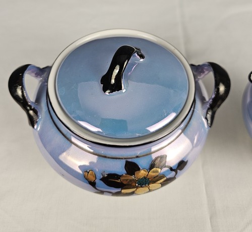 Antique Nippon Porcelain Sugar Bowl & Creamer Blue Floral with Opal Bottom - Picture 3 of 12