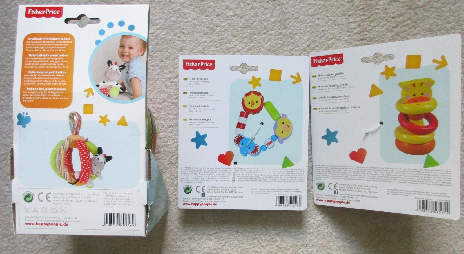 Fisher Price Greifball mit Zebra Holz Armband 3 Artikel Klappergiraffe
