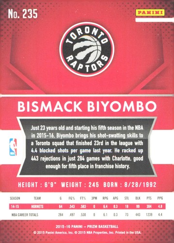 2015-16 Panini Prizm #235 Bismack Biyombo Toronto Raptors - Foto 2 di 2